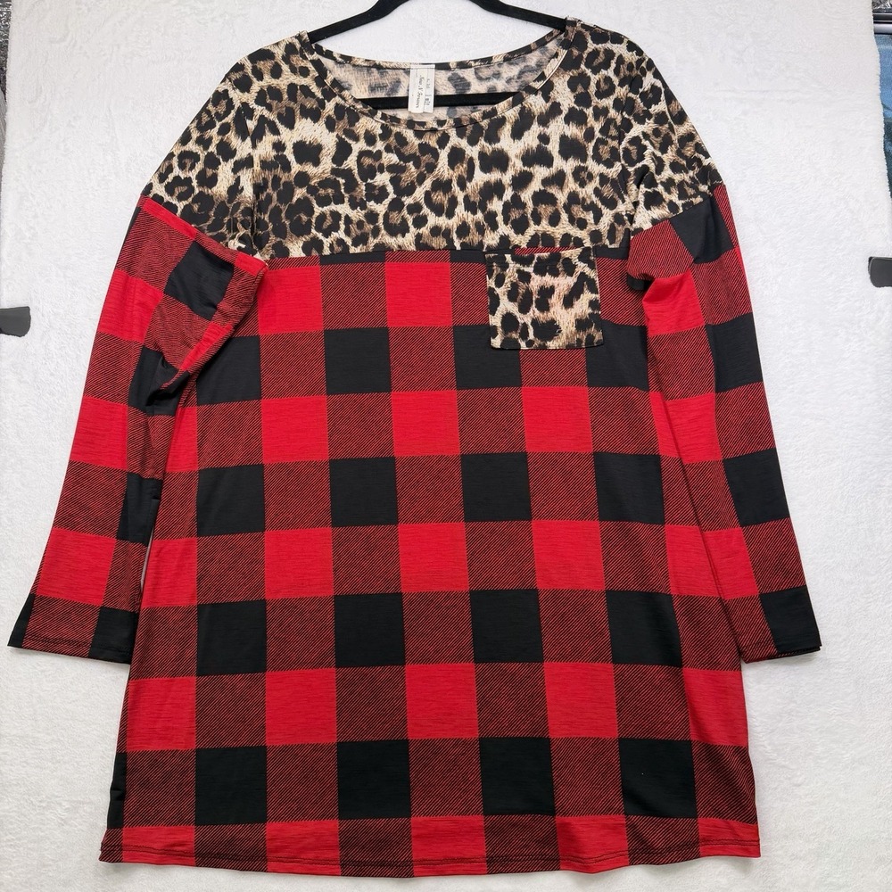 Now N Forever Womens Large Top Shirt Leopard Red Blk Checkered Boutique Clothing